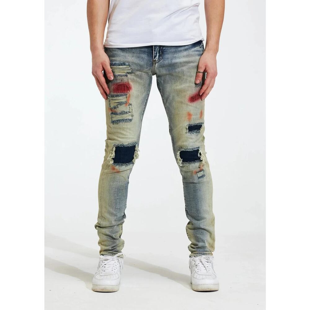 Crysp Denim Men's Rip & Repair Patchwork Paint Spots Distressed Skinny Fit Jeans